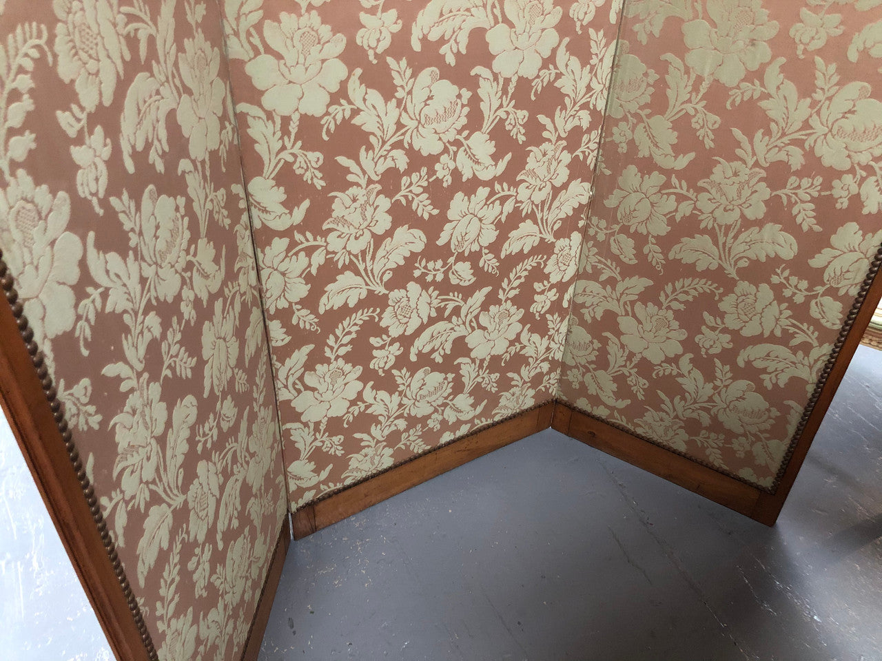 Rare Antique French Walnut Louis XVI "Silk Brocade Fabric" three fold screen. The fabric is in good overall condition with some minor wear and tear.