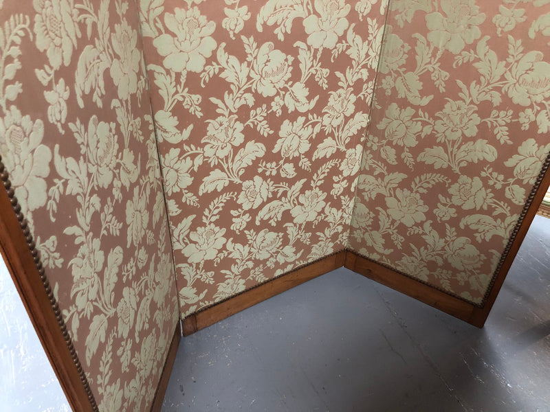 Rare Antique French Walnut Louis XVI "Silk Brocade Fabric" three fold screen. The fabric is in good overall condition with some minor wear and tear.