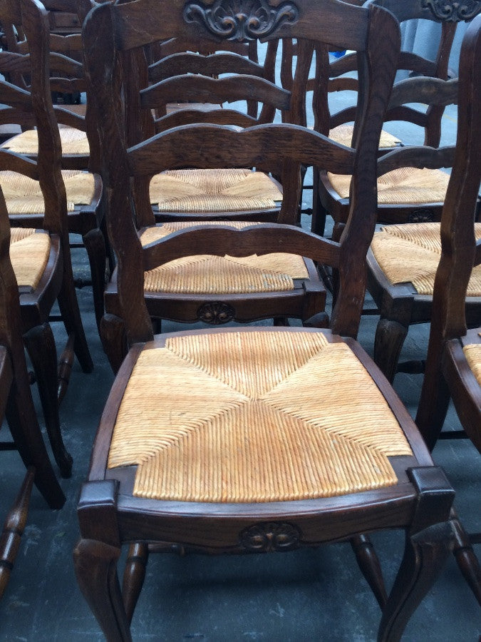 Set 12 Carved French Oak Rush Seat Dining Chairs