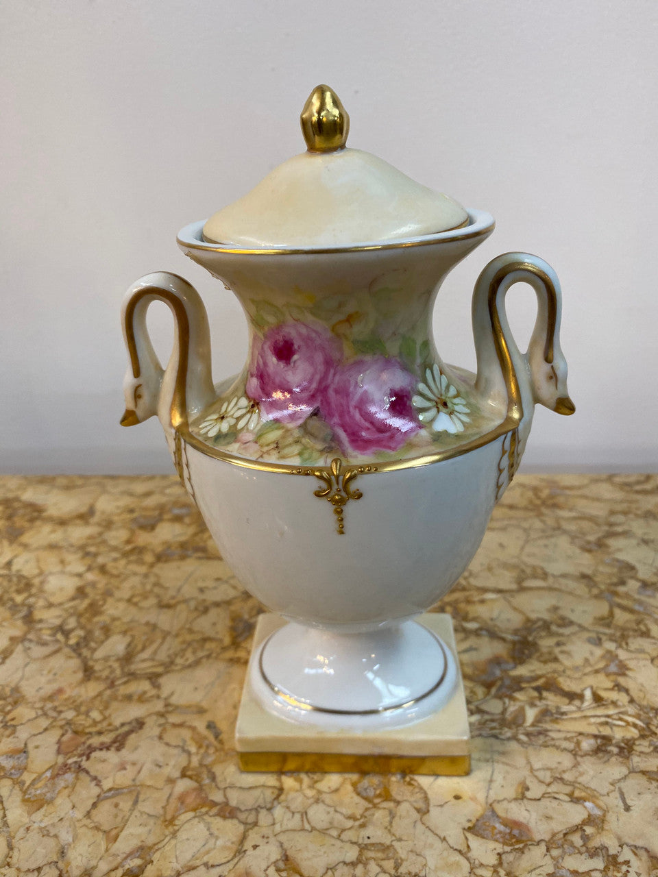 SIgned hand painted Portugal china lidded urn vase with swan handles.