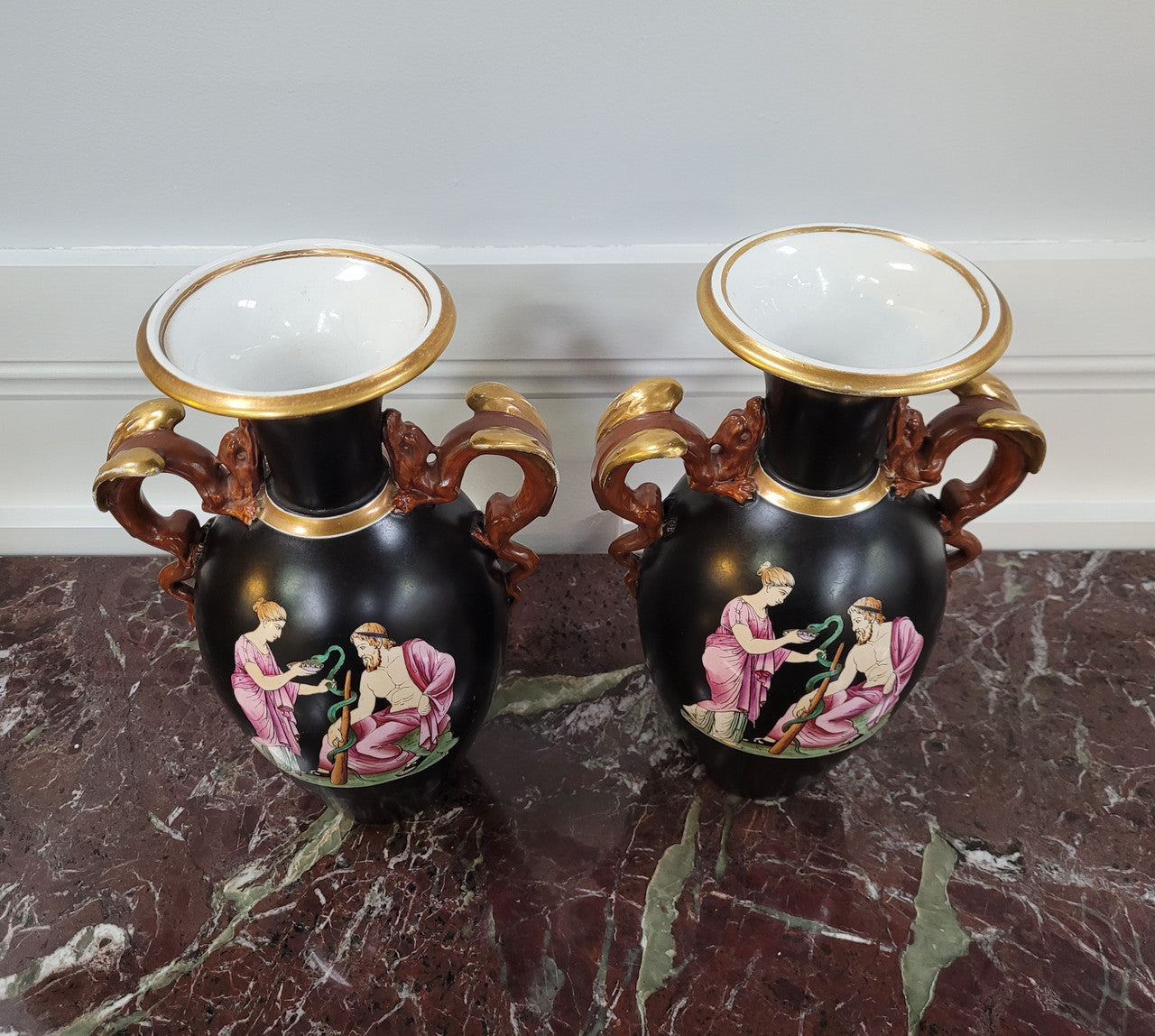 Pair Antique 19th century Paris porcelain Grecian style vases. Please view photos as they help form part of the description.