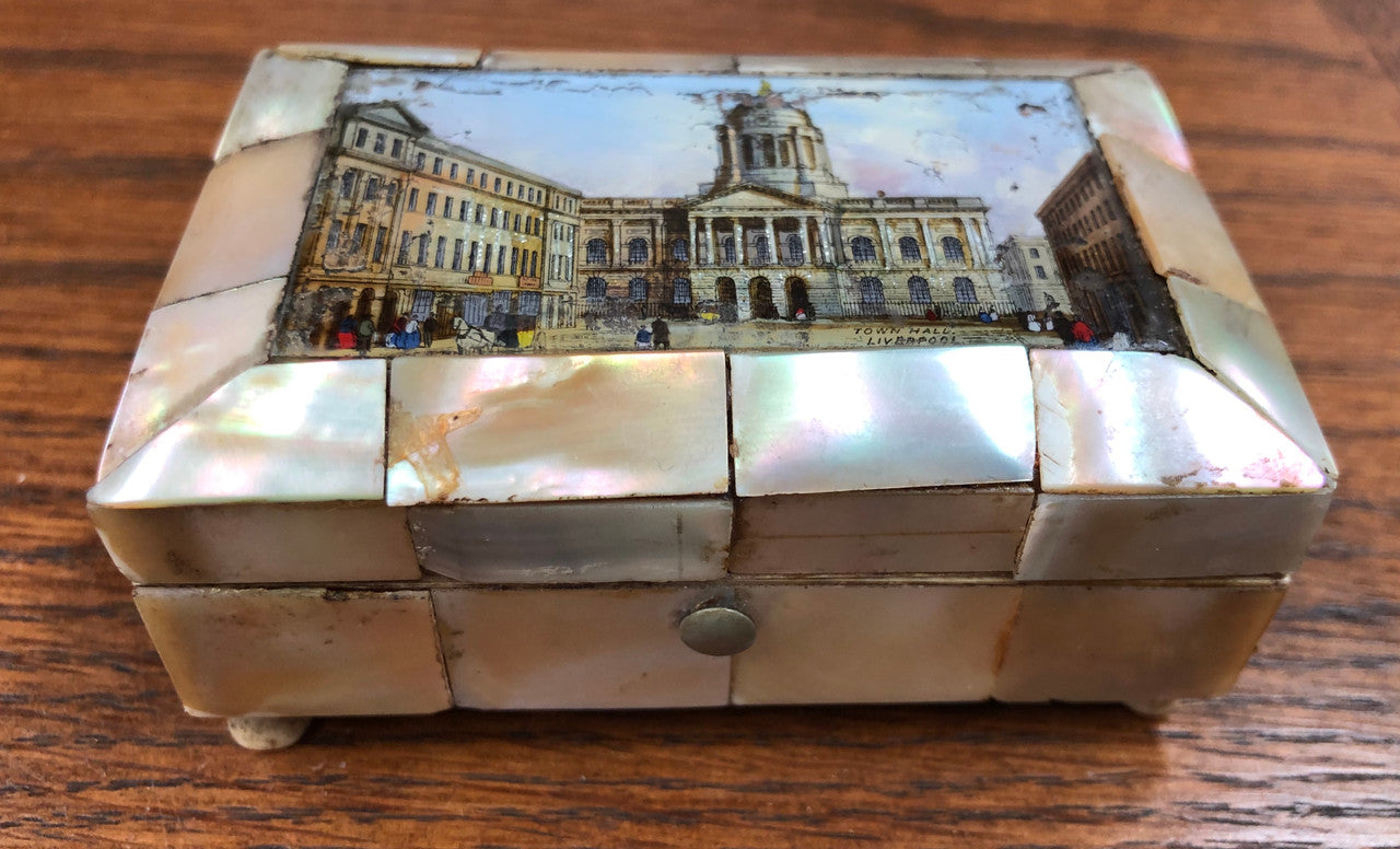Antique Victorian Mother of Peral & Scene Trinket Box