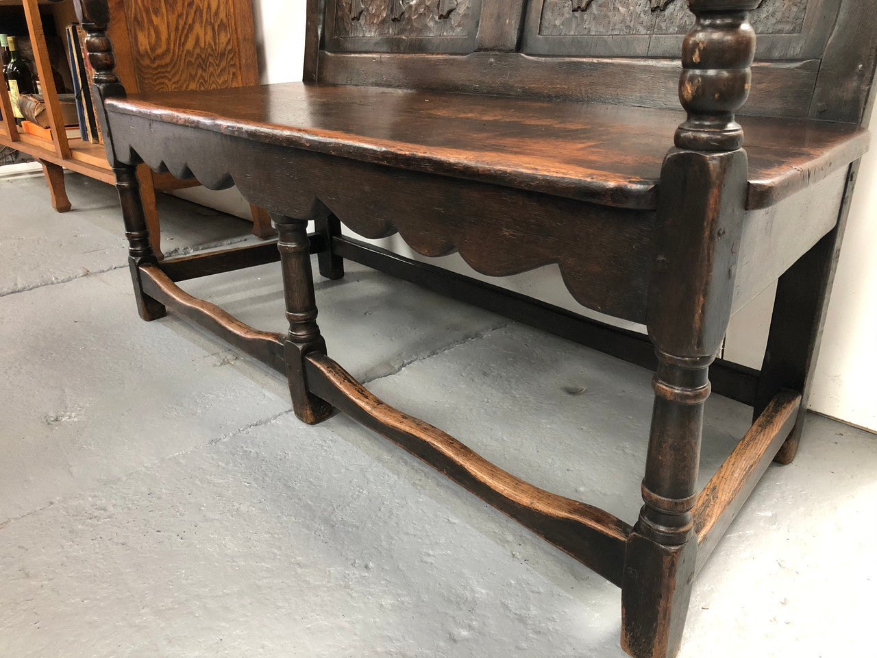 French 19th Century Oak hallway bench seat. Very comfortable to sit on and is in good original detailed condition.