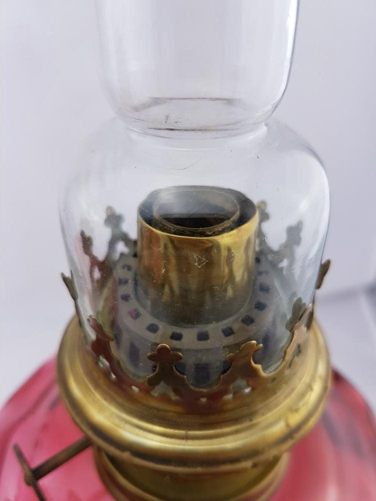 Rare Pair Of Ruby Mary Gregory Glass Kerosene Lamps