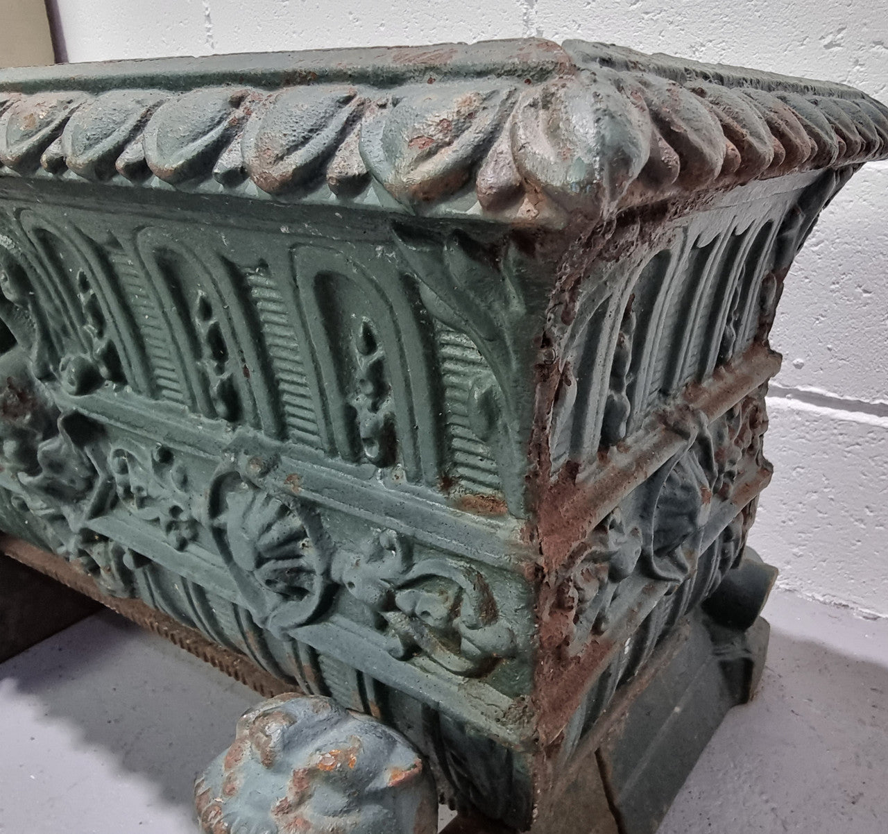 Rare French 19th Century cast iron green painted planter on stand. In good original condition.