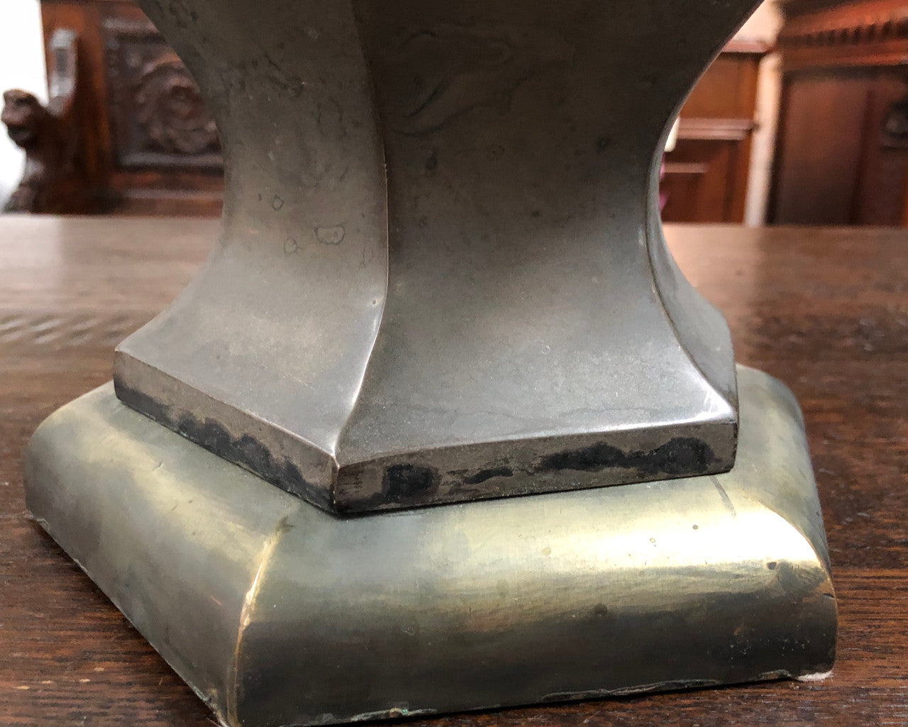 Beautiful pair of 19th Century pewter covered Bronze table lamps with light grey shades .They have been rewired and in good working order.