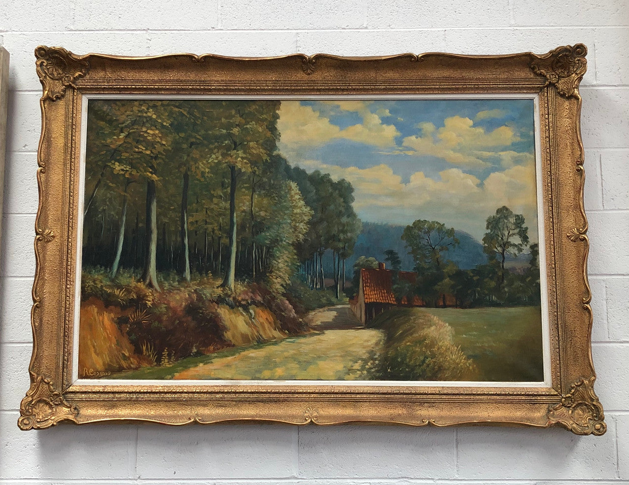 Large French oil on canvas of "country cottage" scene in a beautiful ornate gilt frame. In good original detailed condition.