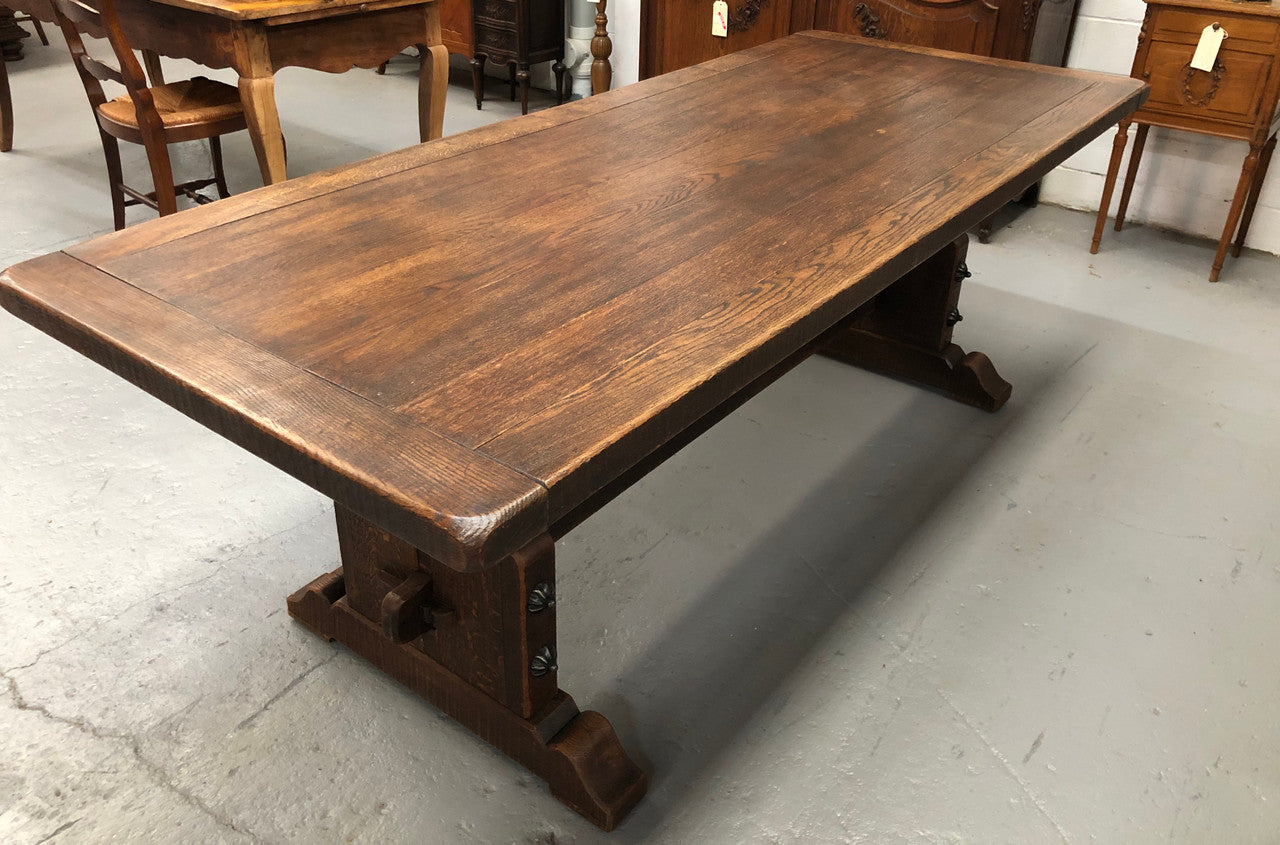 French Oak stretcher base Farmhouse dining table. In good original detailed condition.