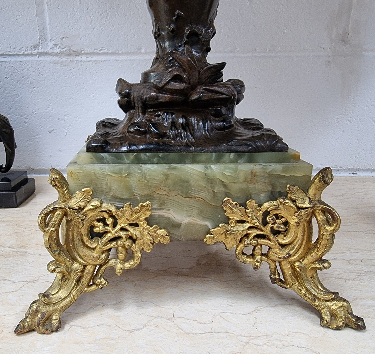 Pair of decorative Antique French gilt bronzed metal and marble table lamps. In good original detailed working condition.