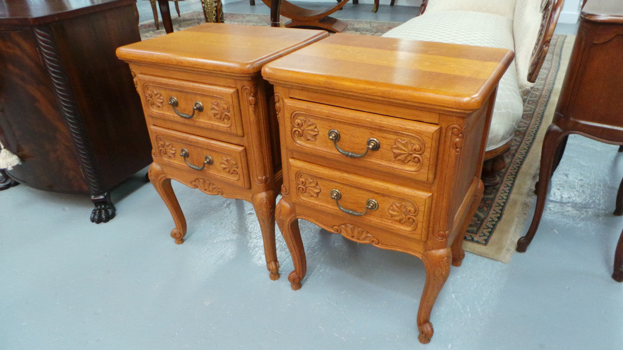Beautiful Pair of Louis XV Style Light Oak Bedside
