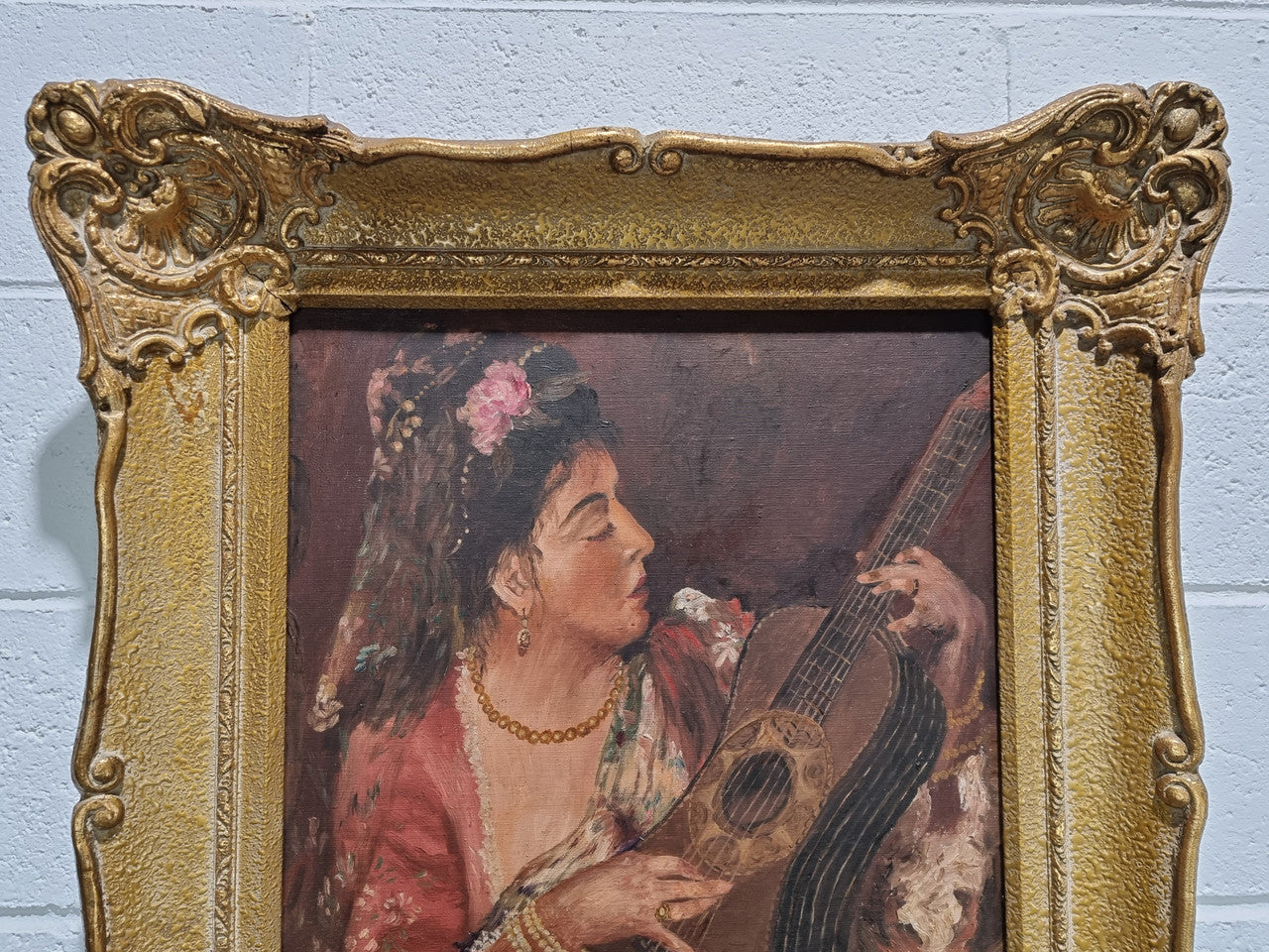 Stunning signed French oil on canvas of "The Serenade". In original gilt frame and is in good original condition.