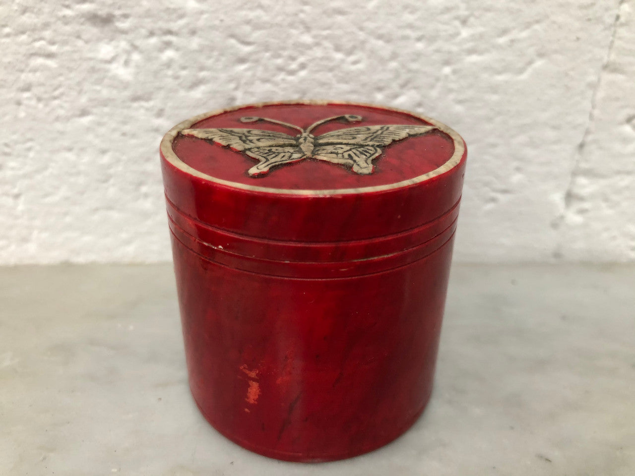 Vintage Hand Carved Marble Trinket Box With Butterfly