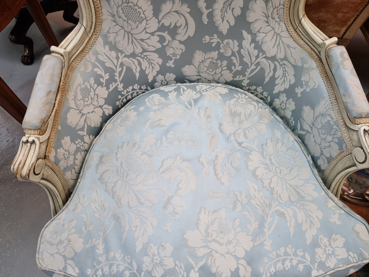 Pair of stunning Louis XV painted with blue upholstery bergere chairs. Very comfortable to sit in and fabric is in good condition, please view photos as they help form part of the description.