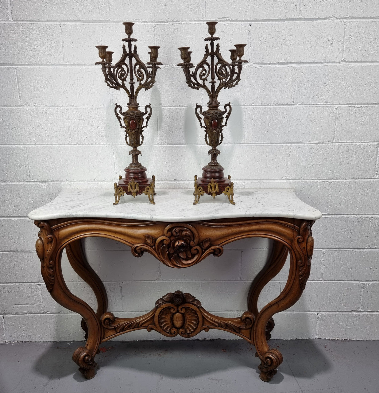 Pair of decorative Antique French spelter and marble candelabras. in very good original detailed condition.