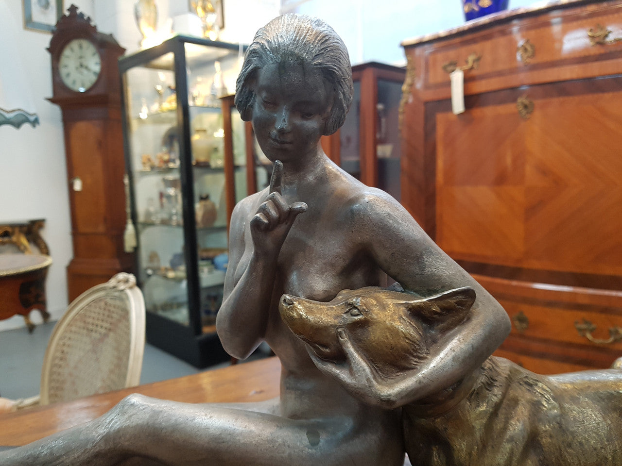 French Art Deco Lady & German Shepherd Bronze