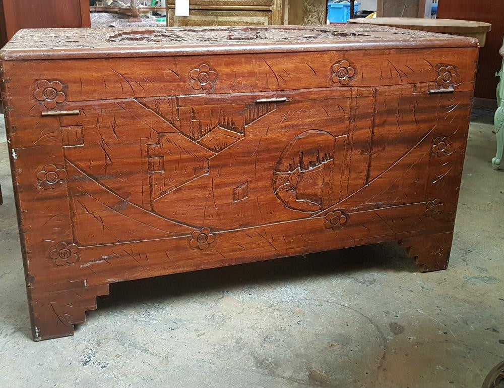 Carved Boat Scene Camphor Wooden Trunk