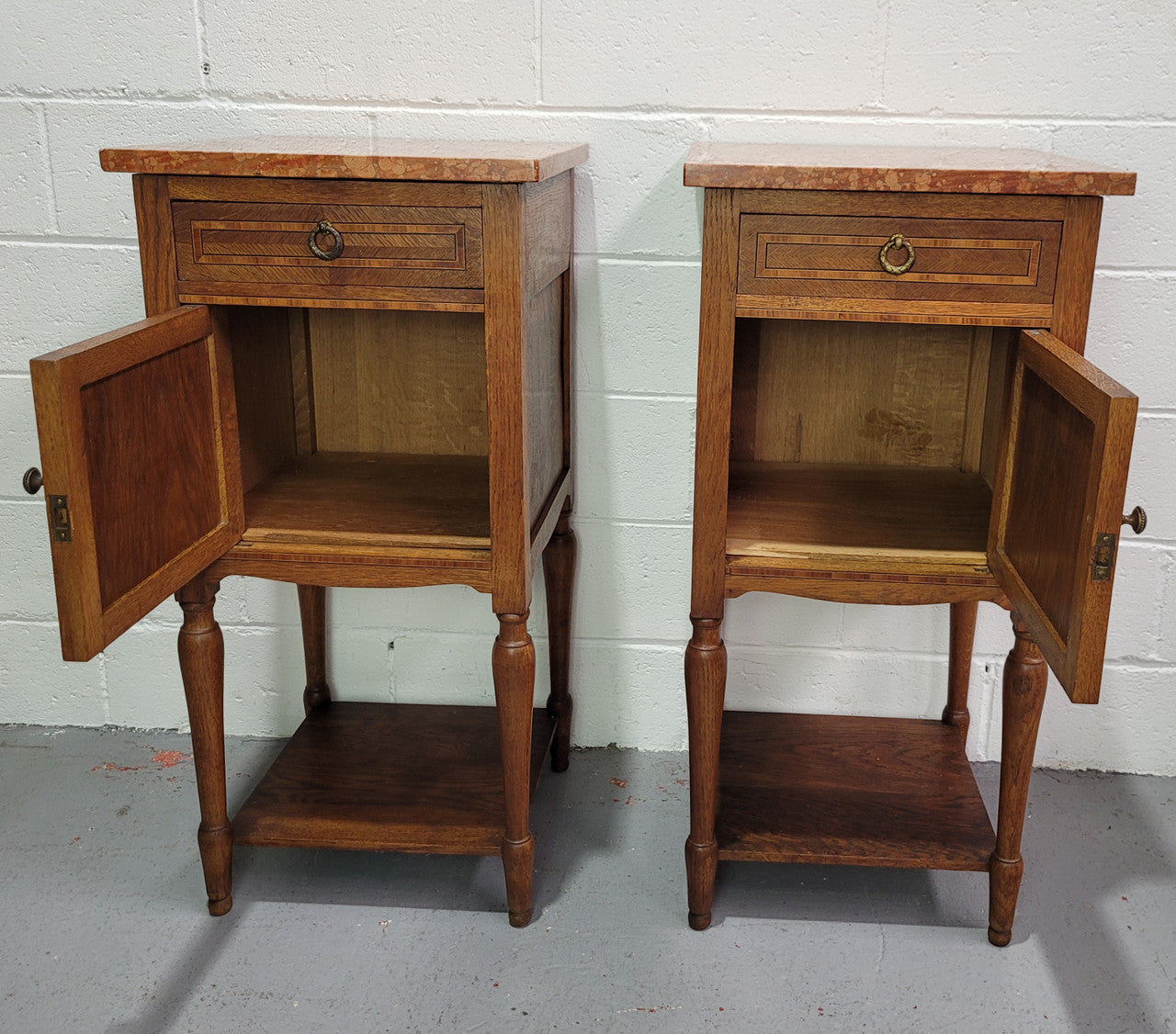 Pair of Louis XVI Style Oak Inlaid Marble Top Bedsides