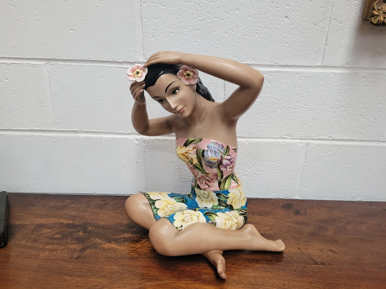 Large, Striking, Vintage Art Deco Tropical female porcelain figurine by Lenci Artist RONZAN, Italy. Beautifully modelled she is wearing a gorgeous polychrome strapless dress and flowers in her hair. Circa 1950’s.