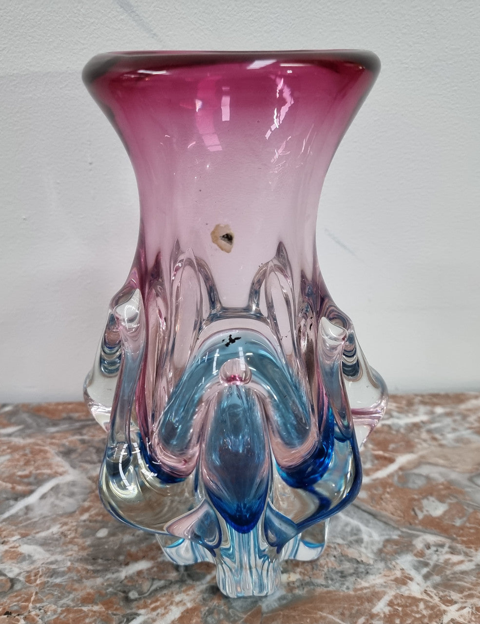 Vintage “Murano” hand made blue and cranberry glass vase. In excellent condition.