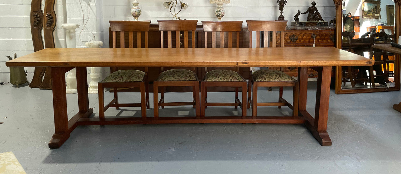 Rare 19th Century French Mahogany 3.1 m pedestal farmhouse table. It has an original wax finish and is in good original detailed condition.