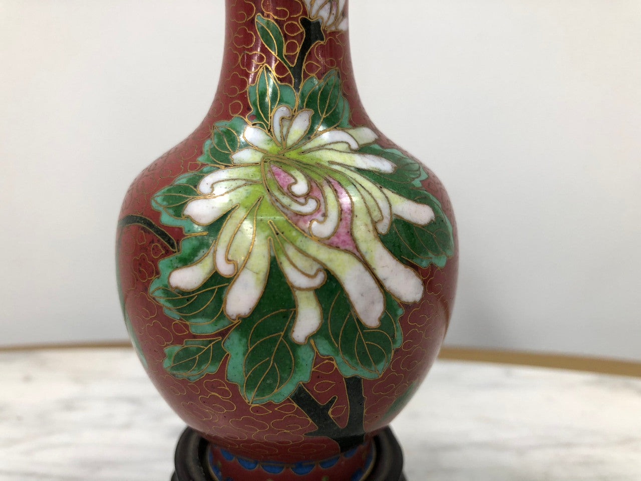 Small Red Cloisonné Vase On Carved Stand