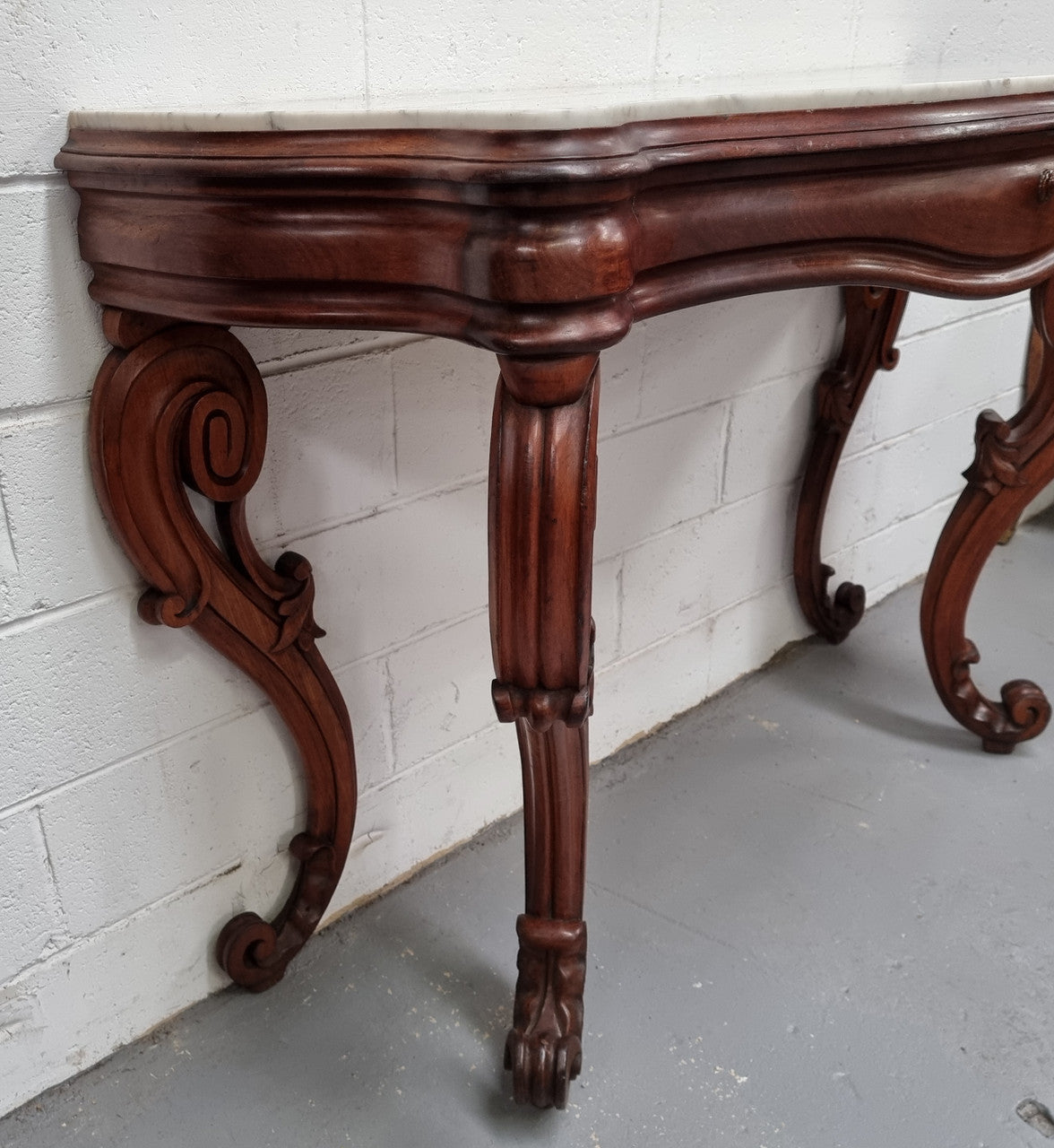 19th Century French Mahogany marble top console table. Louis XV style with white marble top and single drawer. Sourced from France and in good original detailed condition.
