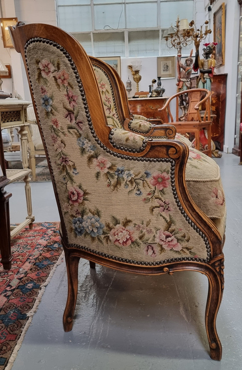 Pair of amazing French Walnut tapestry covered armchairs. The tapestry is in very good condition, please view photos as they form part of the description. Sourced from France and is in good original detailed condition.