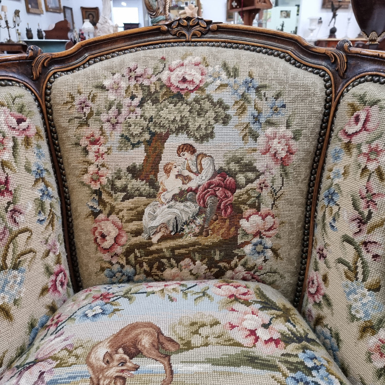 Pair of amazing French Walnut tapestry covered armchairs. The tapestry is in very good condition, please view photos as they form part of the description. Sourced from France and is in good original detailed condition.
