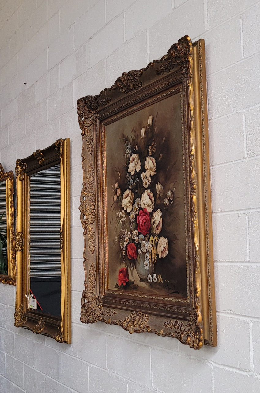 Attractive French floral oil on canvas - signed. Mounted in a stunning patterned gilded frame. It is in good original detailed condition.