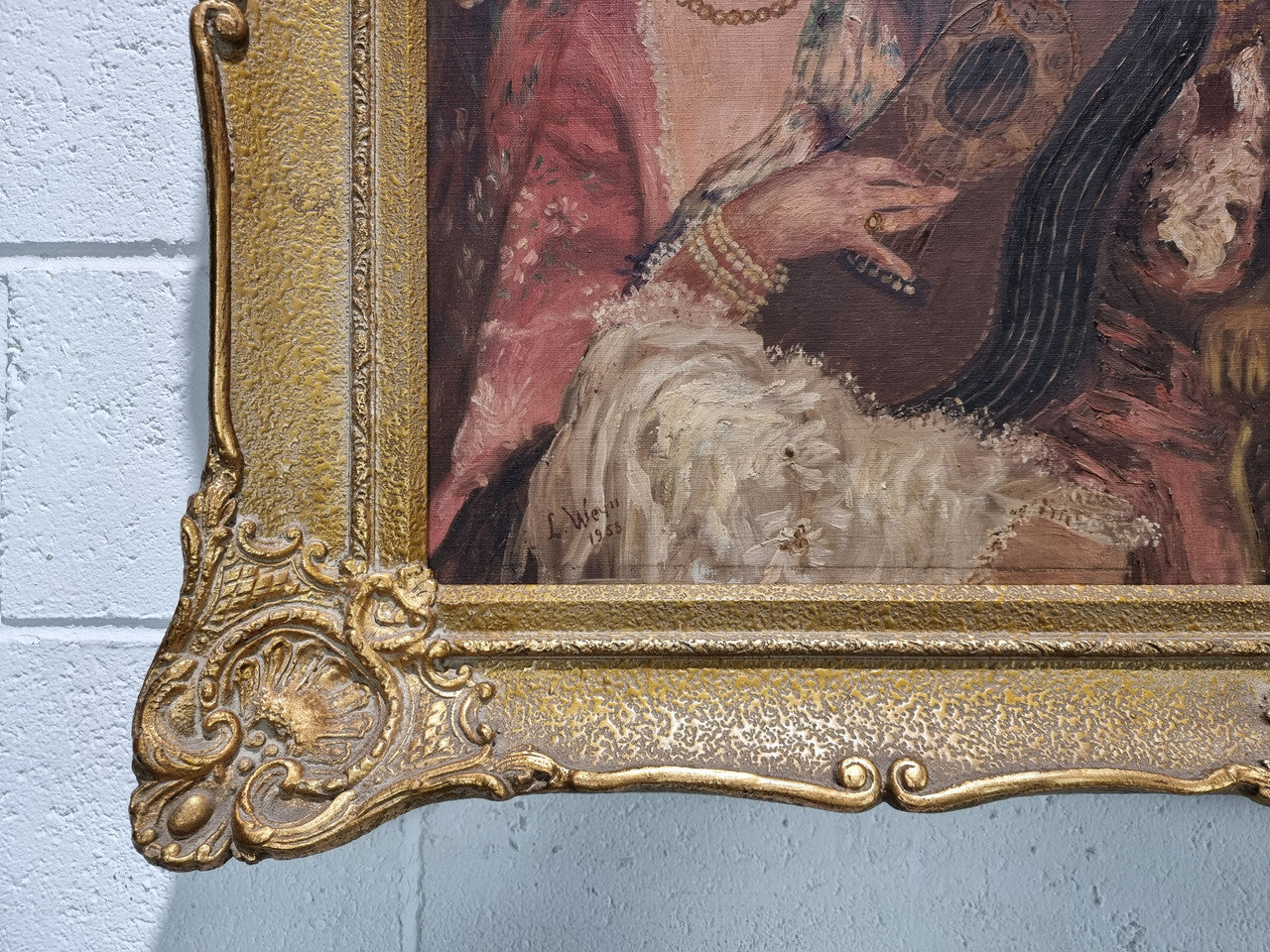 Stunning signed French oil on canvas of "The Serenade". In original gilt frame and is in good original condition.