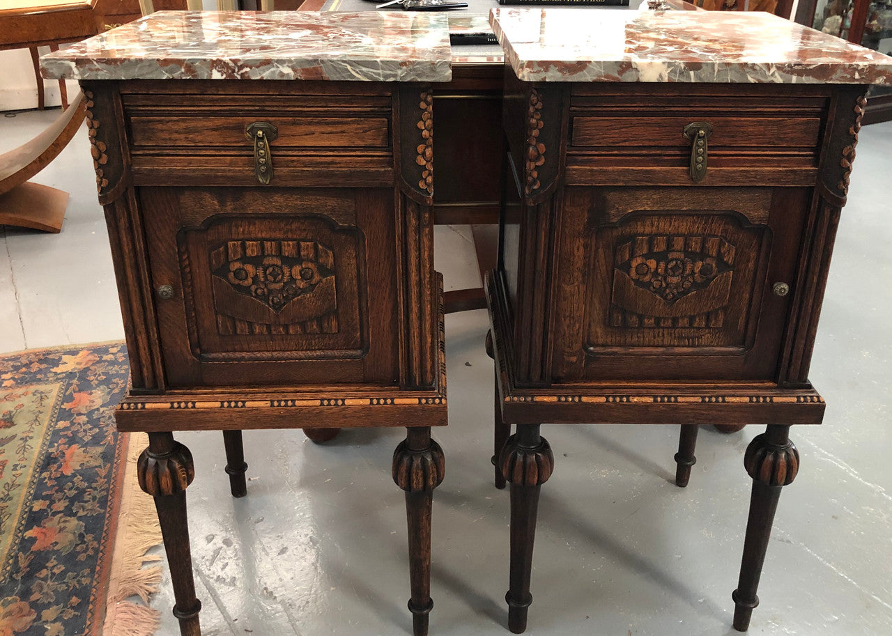 Pair Of French Oak Marble Top Henry II Style Bedside Tables