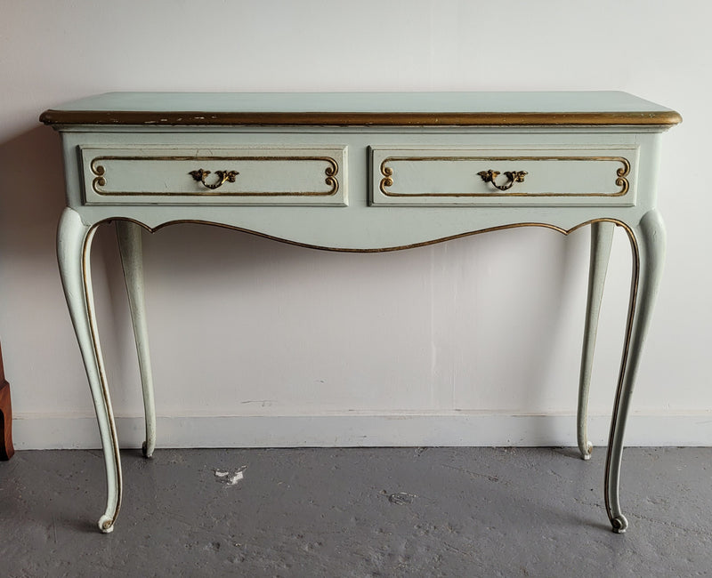 Vintage French Louis 15th style original painted and gilded highlights two drawer console table. It has been sourced from France and is in good original condition.