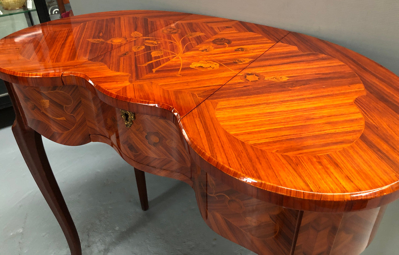 French Mahogany hidden dressing table with beautiful marquetry inlay. In good restored condition. Circa: 1950's
