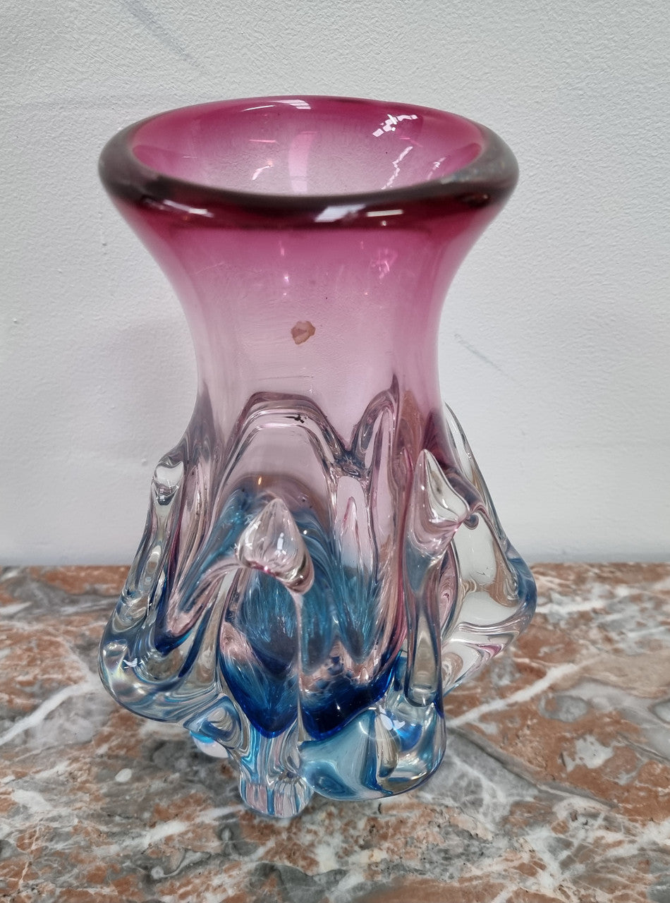 Vintage “Murano” hand made blue and cranberry glass vase. In excellent condition.
