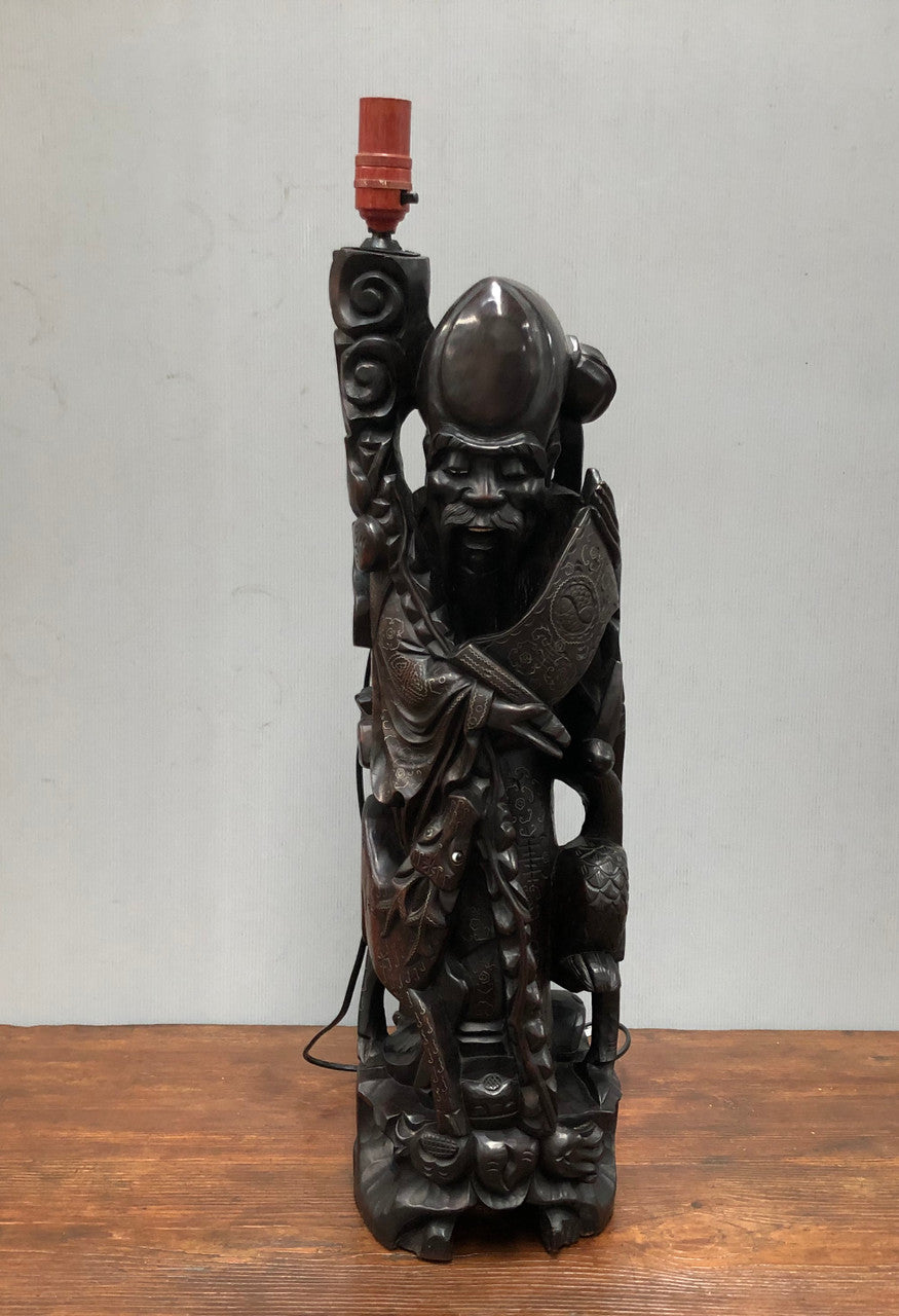 Antique Chinese hand carved Rosewood Immortal "Shou Xing" God of longevity lamp base. Profusely inlaid with brass cloisons. Meiji period Circa 1880.