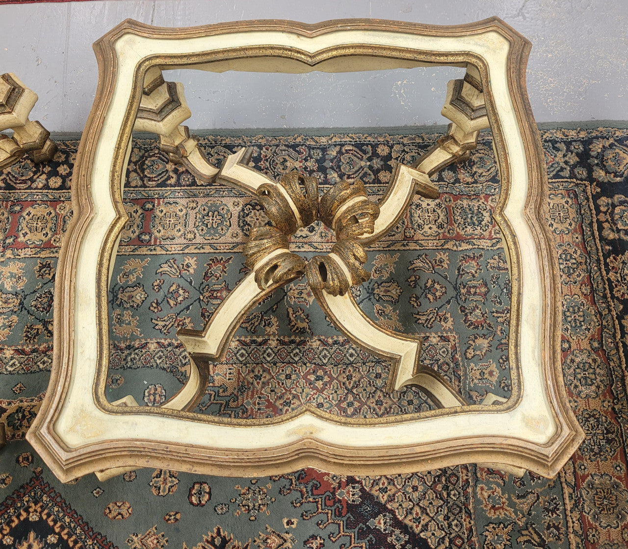 One of a pair of stunning Vintage Italian painted Florentine coffee tables. Very decorative and hard to find. Price of $1695 is for each table.
