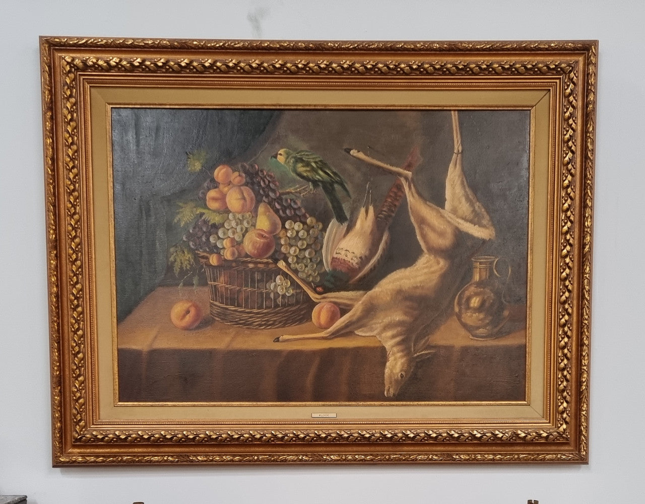 Sourced in France is the beautiful still life oil painting on canvas, of a bird, rabbit and deer. Framed in a beautiful ornate gilt frame and in good original condition.