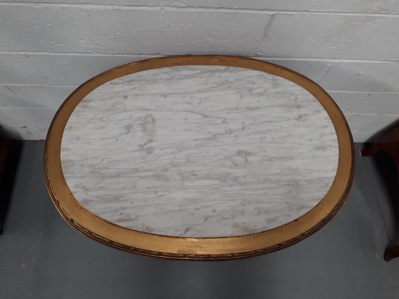 Antique French 19th century Louis XVI style oval inset marble top & giltwood salon/side table. In good condition. Circa 1890.