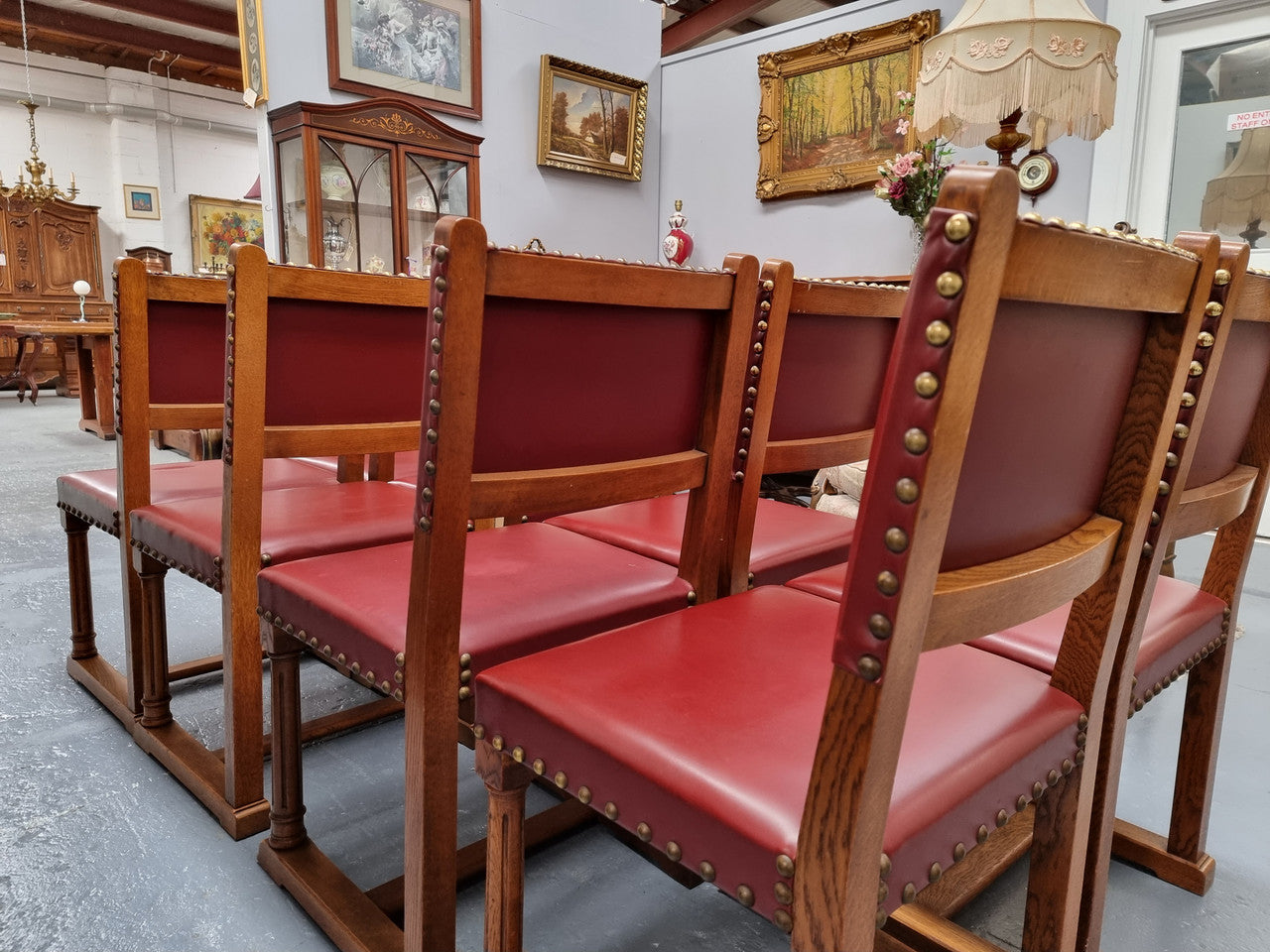 Set Of Eight Oak Upholstered With Faux Leather Dinning Chairs