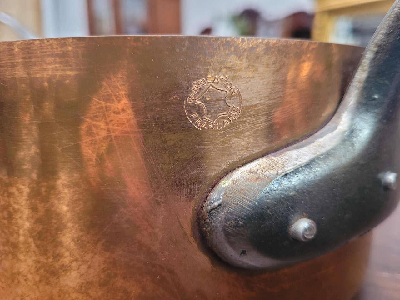 Set of five copper sauce pans with foundry stamp. They have been sourced from France and are in good original detailed condition.