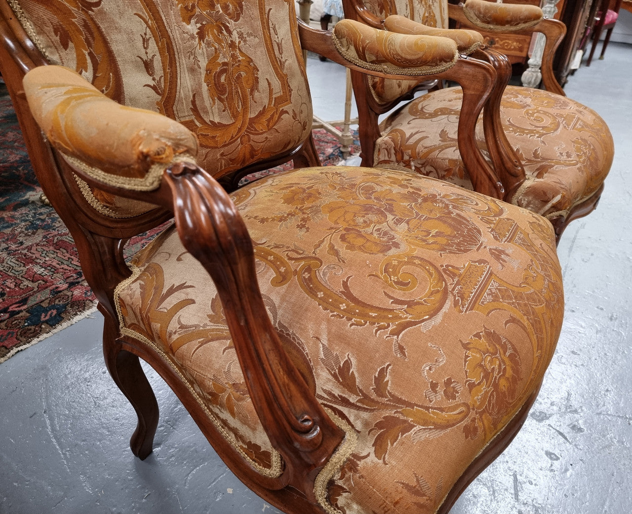 Pair of Amazing Louis XV Style Walnut & Tapestry Fauteuils