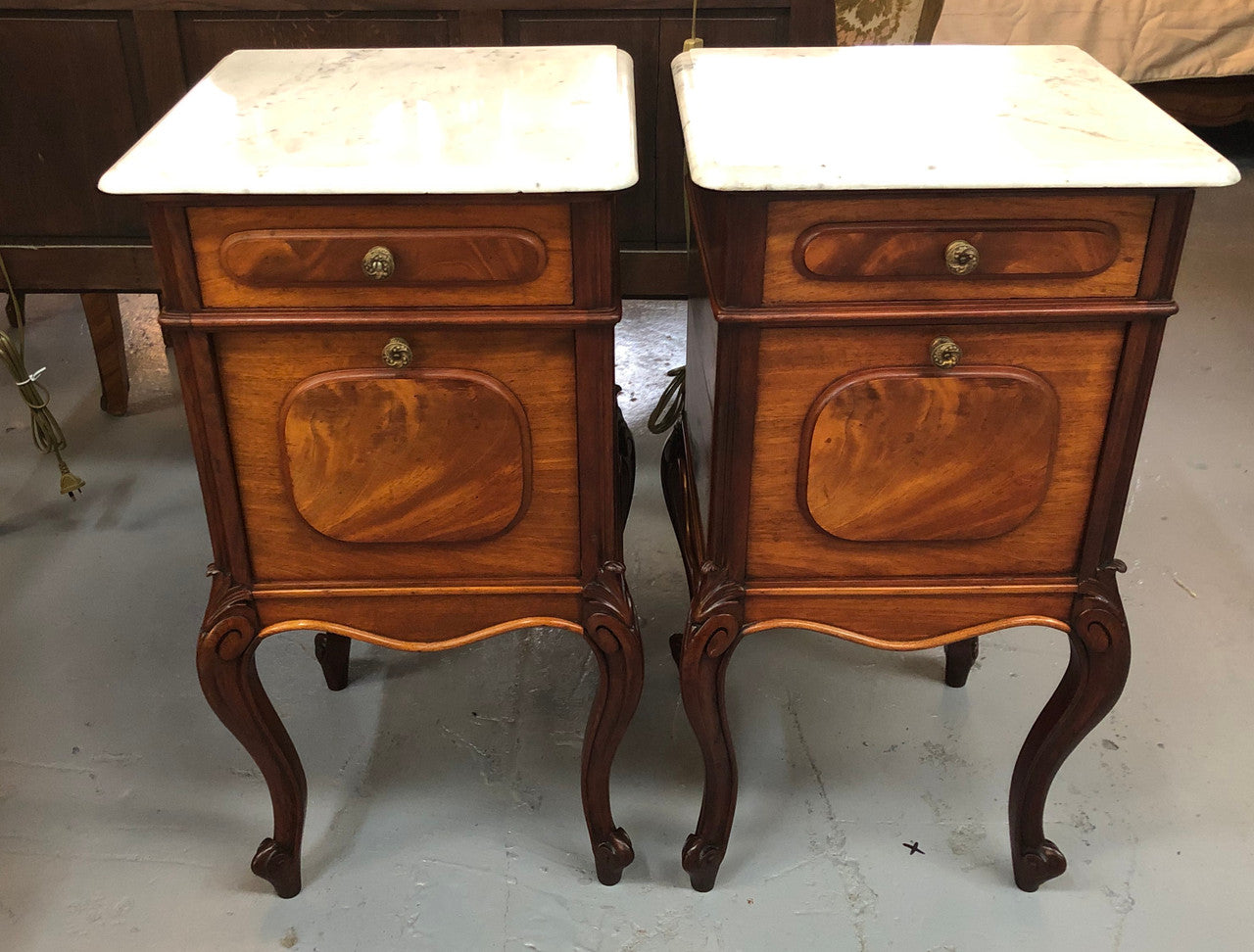 Pair Of White Marble Top Mahogany Bedside Cabinets