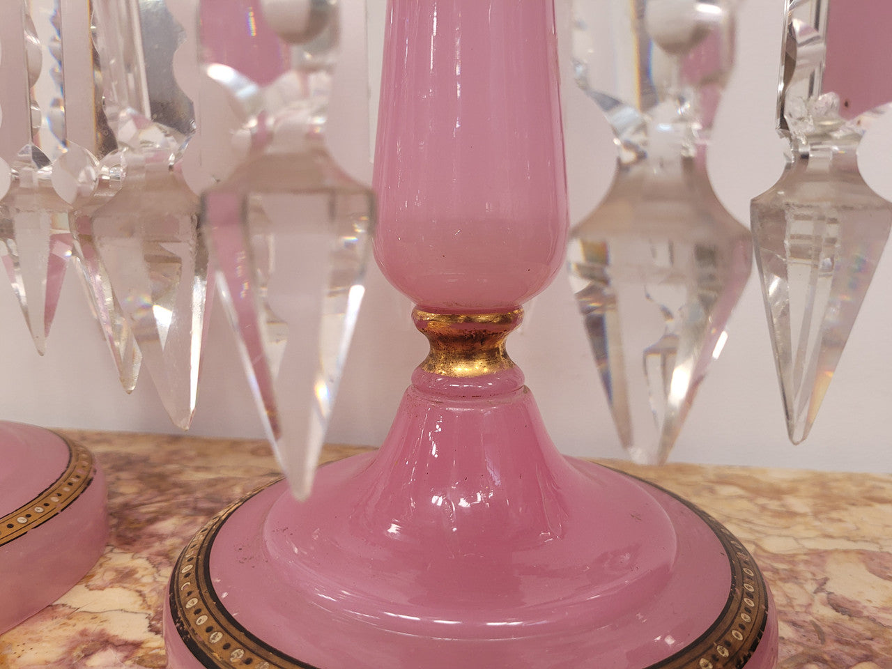 Large Victorian pink glass an gilt trim crystals lusters. It is in good original condition, please view photos as they help form part of the description.