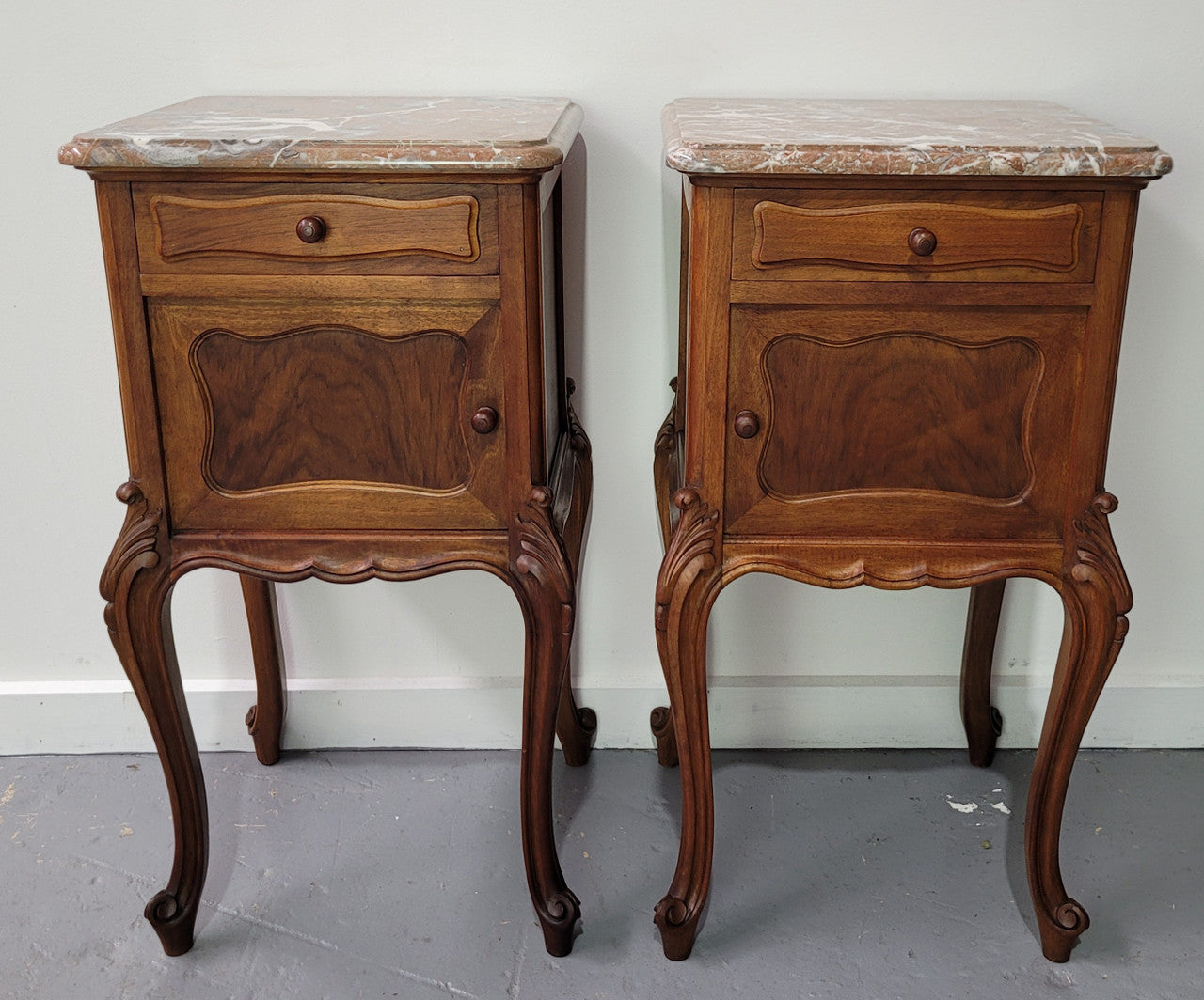 French Louis XV Style Walnut Marble Top Bedside Cabinets. In good original detailed condition.