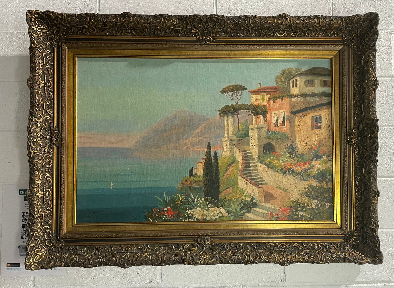 Superb gilt framed oil painting of Italian coastal scene. Sourced from France and is in good original detailed condition.