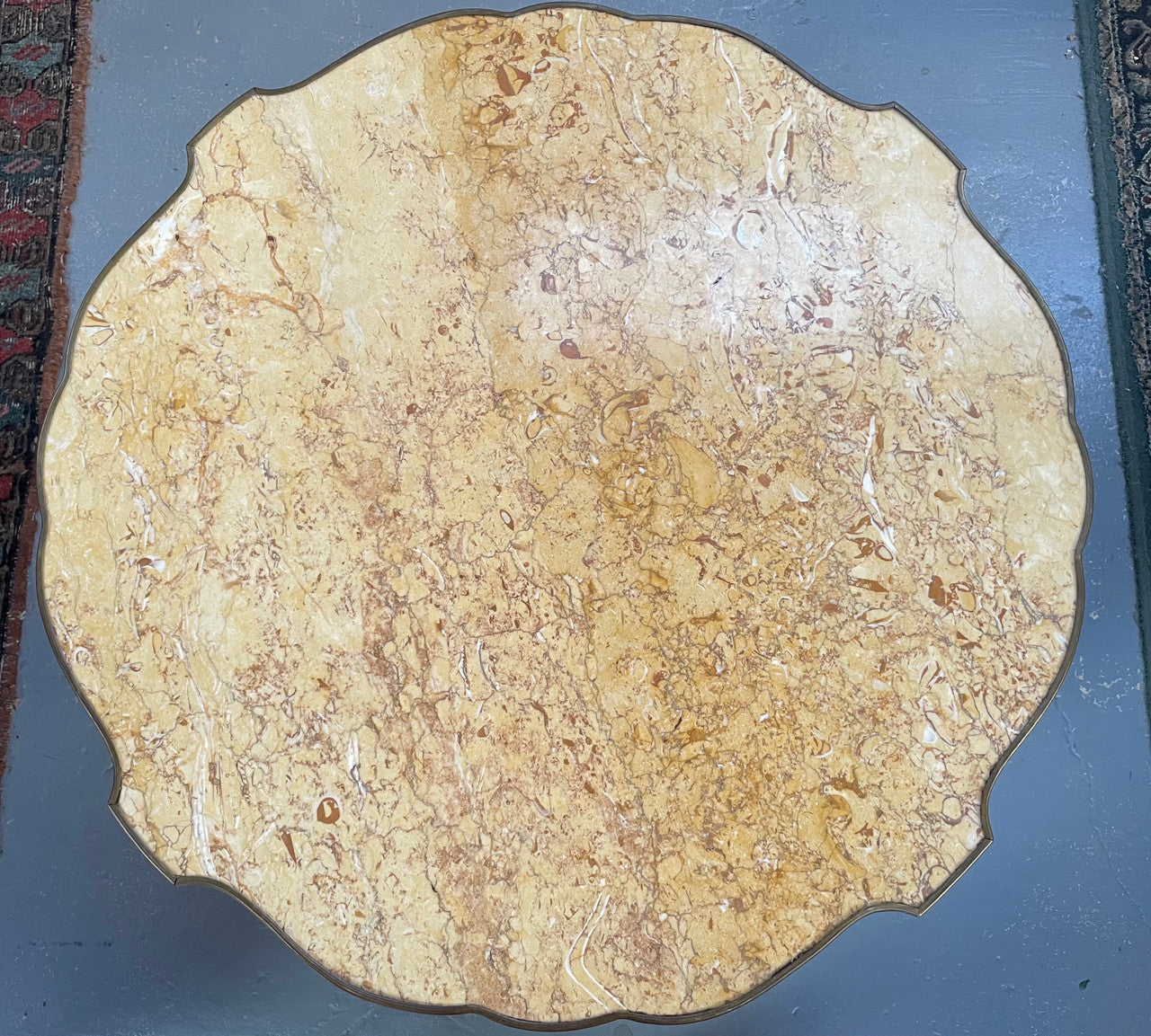 French Louis XV style marquetry inlaid marble top coffee table. In good original detailed condition.