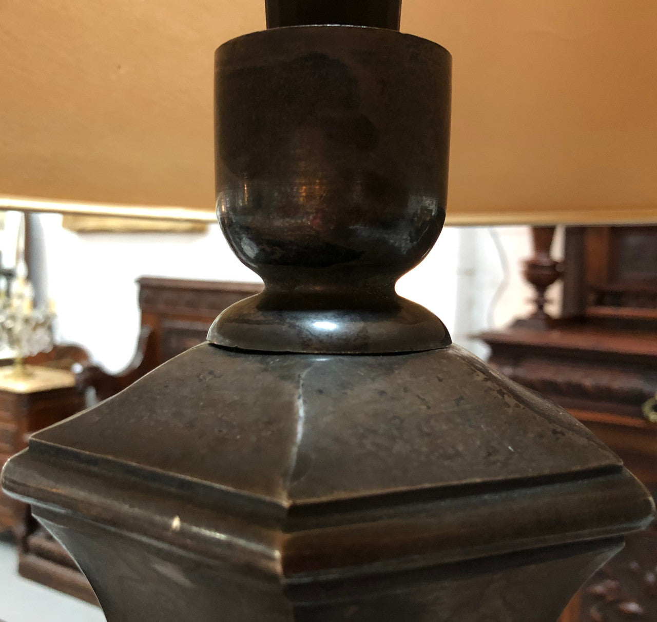 Beautiful pair of 19th Century pewter covered Bronze table lamps with light grey shades .They have been rewired and in good working order.