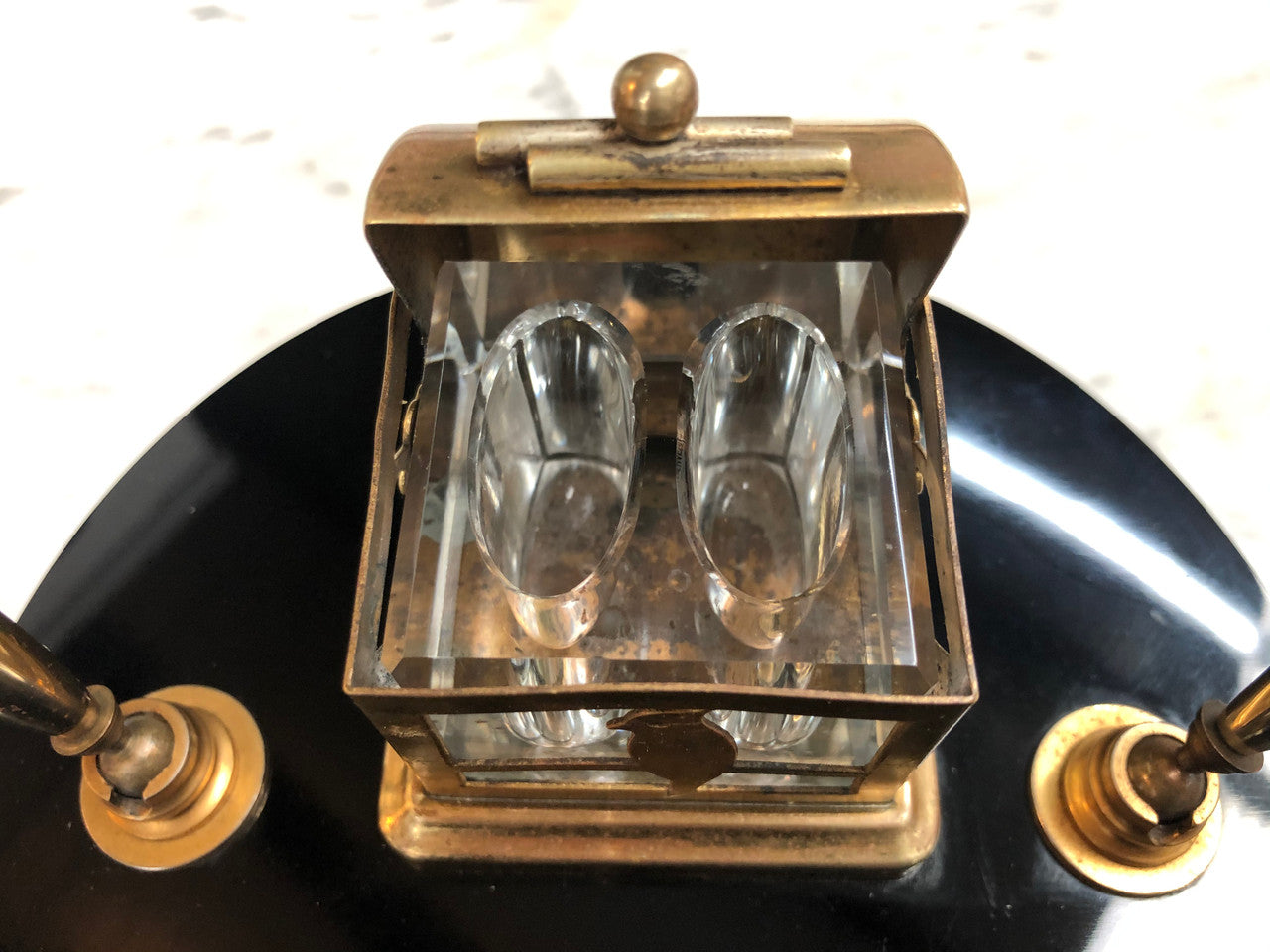 Round Art Deco Brass & Glass Ink Well