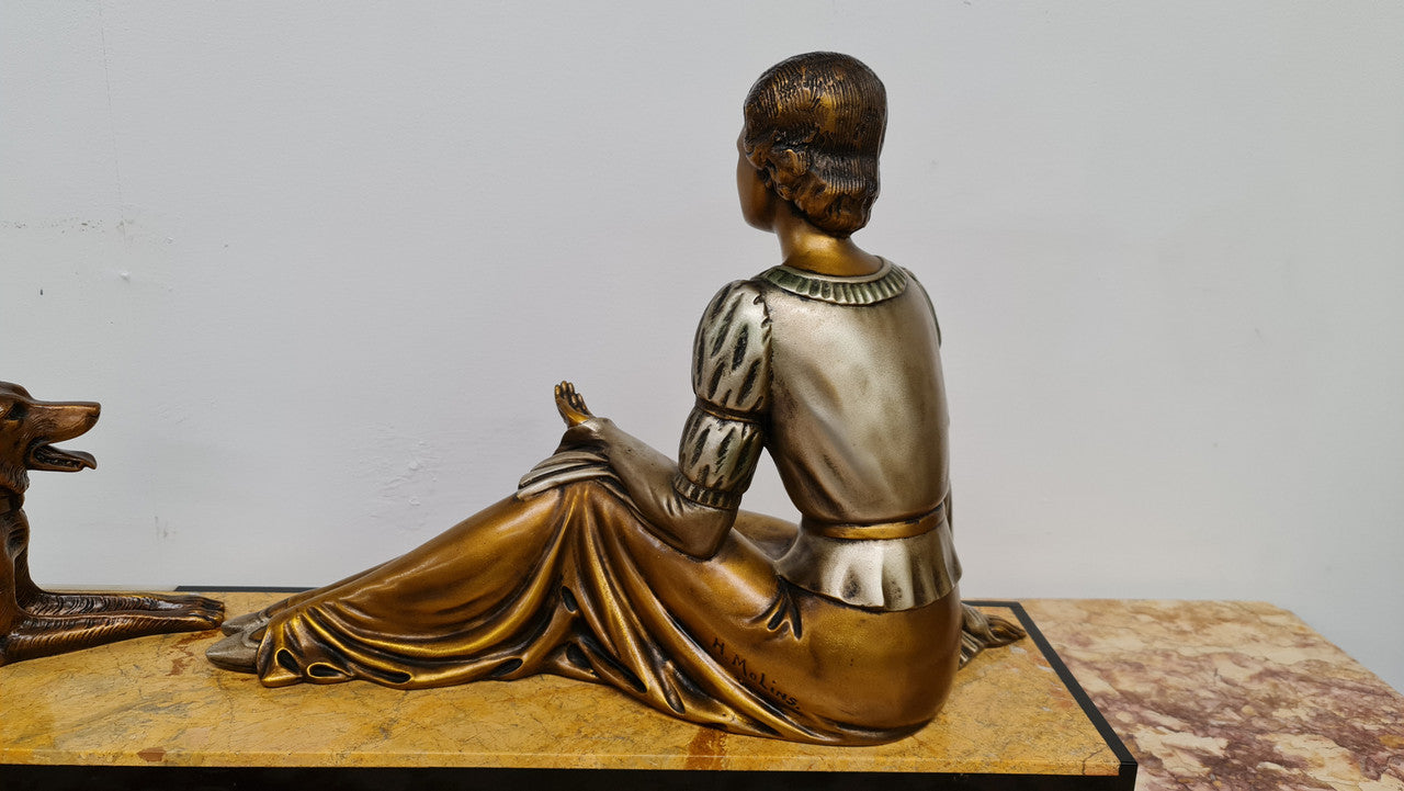 Art Deco sculpture of lovely seated lady with German Shepherd signed by signed by H.Molins. In good original detailed condition.