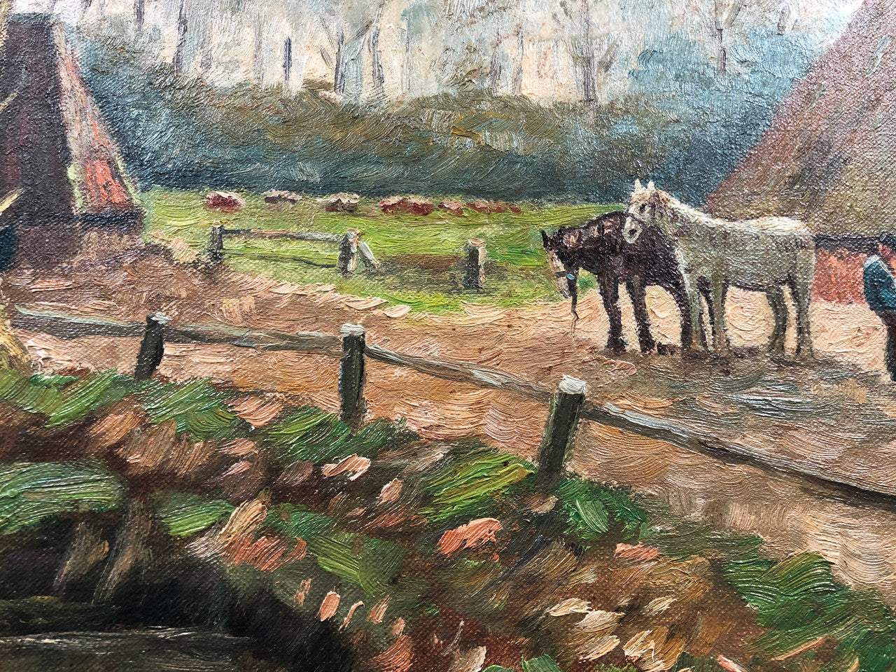 Sourced in france is this beautiful signed Dutch oil on canvas of a farm scene framed in a ornate frame. In good original condition.